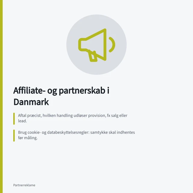 Affiliate- og partnerskab i Danmark: Aftal præcist, hvilken handling udløser provision, fx salg eller lead.; Brug cookie- og databeskyttelsesregler: samtykke skal indhentes før måling.; Vælg partnere efter deres bidrag – eksempelvis indhold, rabatkode eller målgruppe. Affiliate- og partnerskabsmarketing i Danmark