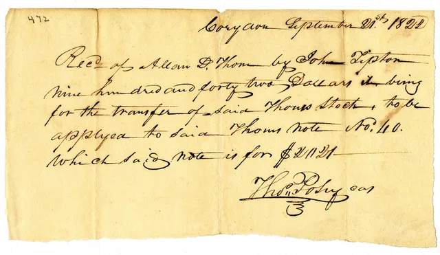 $942 received of Allan D. Thom via John Tipton for transfer of Thom's stock to be applied to Thom's note No. 40. Affiliatebetalinger