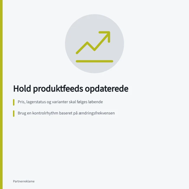 Hold produktfeeds opdaterede: Pris, lagerstatus og varianter skal følges løbende; Brug en kontrolrhythm baseret på ændringsfrekvensen; Angiv konkret hvilken produkt-ID, hvad der ændredes og hvornår det træder i kraft. Hold produktfeeds og tilbud opdaterede