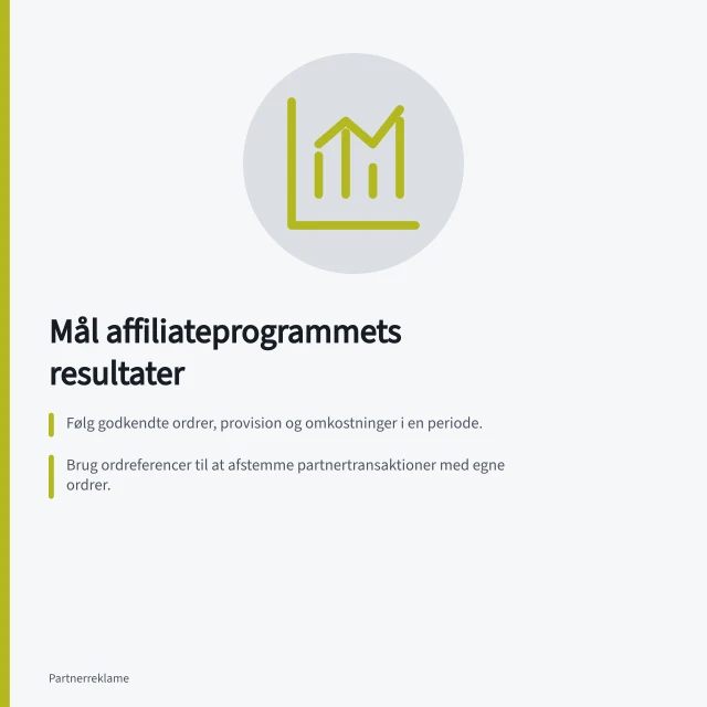 Mål affiliateprogrammets resultater: Følg godkendte ordrer, provision og omkostninger i en periode.; Brug ordreferencer til at afstemme partnertransaktioner med egne ordrer.; Hold tilskrevet salg adskilt fra ekstra effekt fra kampagner. Mål affiliateprogrammets resultater