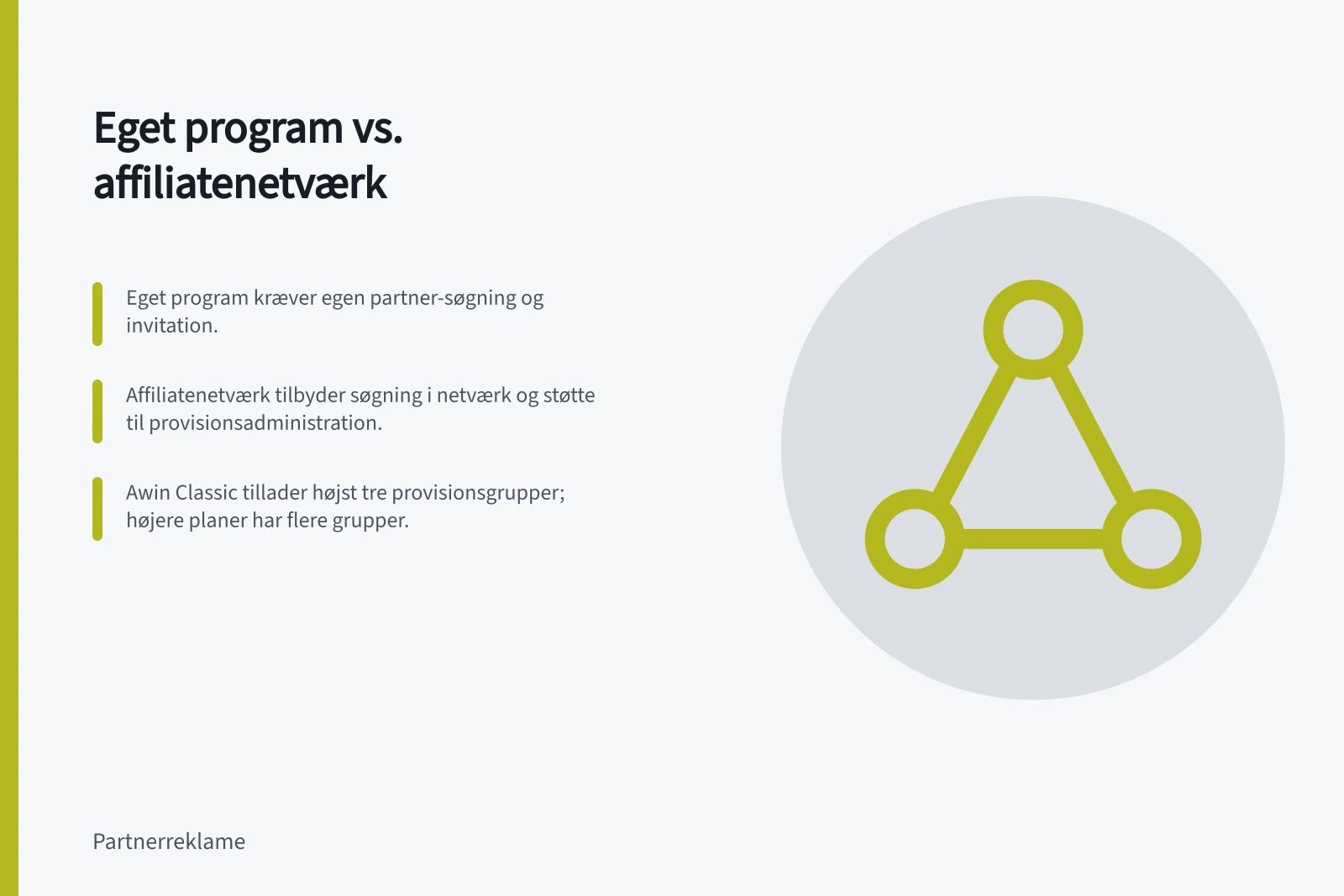 Eget program vs. affiliatenetværk: Eget program kræver egen partner-søgning og invitation.; Affiliatenetværk tilbyder søgning i netværk og støtte til provisionsadministration.; Awin Classic tillader højst tre provisionsgrupper; højere planer har flere grupper.