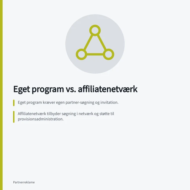 Eget program vs. affiliatenetværk: Eget program kræver egen partner-søgning og invitation.; Affiliatenetværk tilbyder søgning i netværk og støtte til provisionsadministration.; Awin Classic tillader højst tre provisionsgrupper; højere planer har flere grupper. Sammenlign eget program og affiliatenetværk
