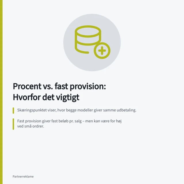 Procent vs. fast provision: Hvorfor det vigtigt: Skæringspunktet viser, hvor begge modeller giver samme udbetaling.; Fast provision giver fast beløb pr. salg – men kan være for høj ved små ordrer.; Procentvis provision vokser med ordrebeløbet, men kræver godkendt grundlag i Awin. Sammenlign procentbaseret og fast provision