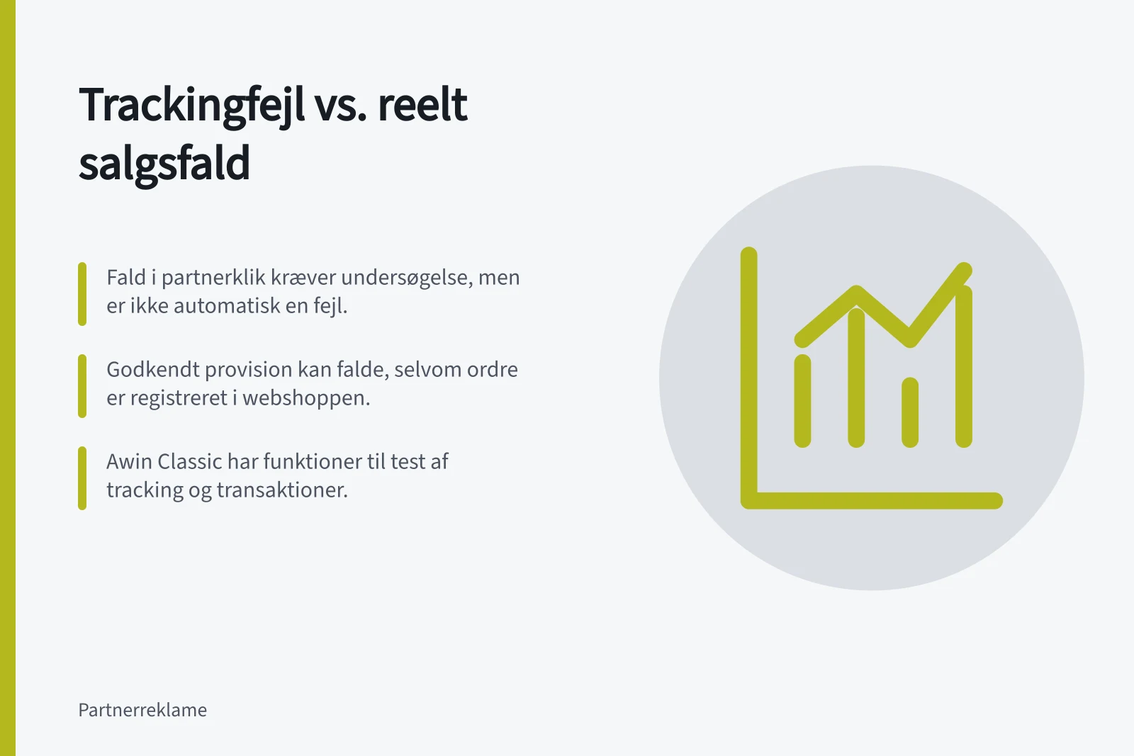 Trackingfejl vs. reelt salgsfald: Fald i partnerklik kræver undersøgelse, men er ikke automatisk en fejl.; Godkendt provision kan falde, selvom ordre er registreret i webshoppen.; Awin Classic har funktioner til test af tracking og transaktioner.