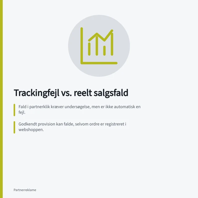 Trackingfejl vs. reelt salgsfald: Fald i partnerklik kræver undersøgelse, men er ikke automatisk en fejl.; Godkendt provision kan falde, selvom ordre er registreret i webshoppen.; Awin Classic har funktioner til test af tracking og transaktioner. Skeln mellem trackingfejl og reelt fald i salget