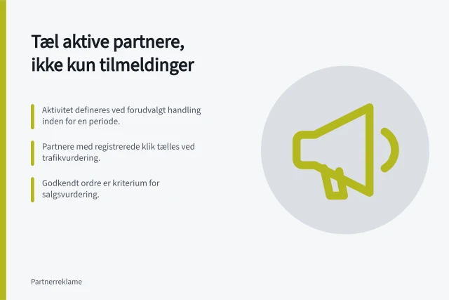 Tæl aktive partnere, ikke kun tilmeldinger: Aktivitet defineres ved forudvalgt handling inden for en periode.; Partnere med registrerede klik tælles ved trafikvurdering.; Godkendt ordre er kriterium for salgsvurdering. Tæl aktive partnere frem for kun tilmeldinger
